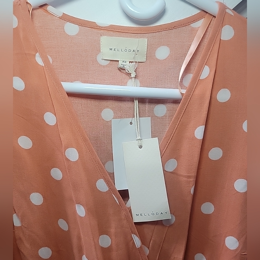 Melloday Dress Wrap Maxi Ruffle Cap Sleeve Tie Waist SZ XS Polka Dot Print NWT - Picture 3 of 5